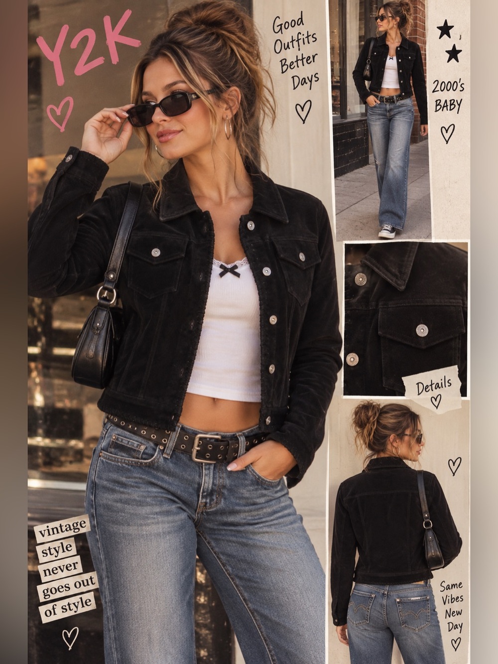 Vintage Y2K Arizona Jean Co Black Genuine Leather Trucker Jacket